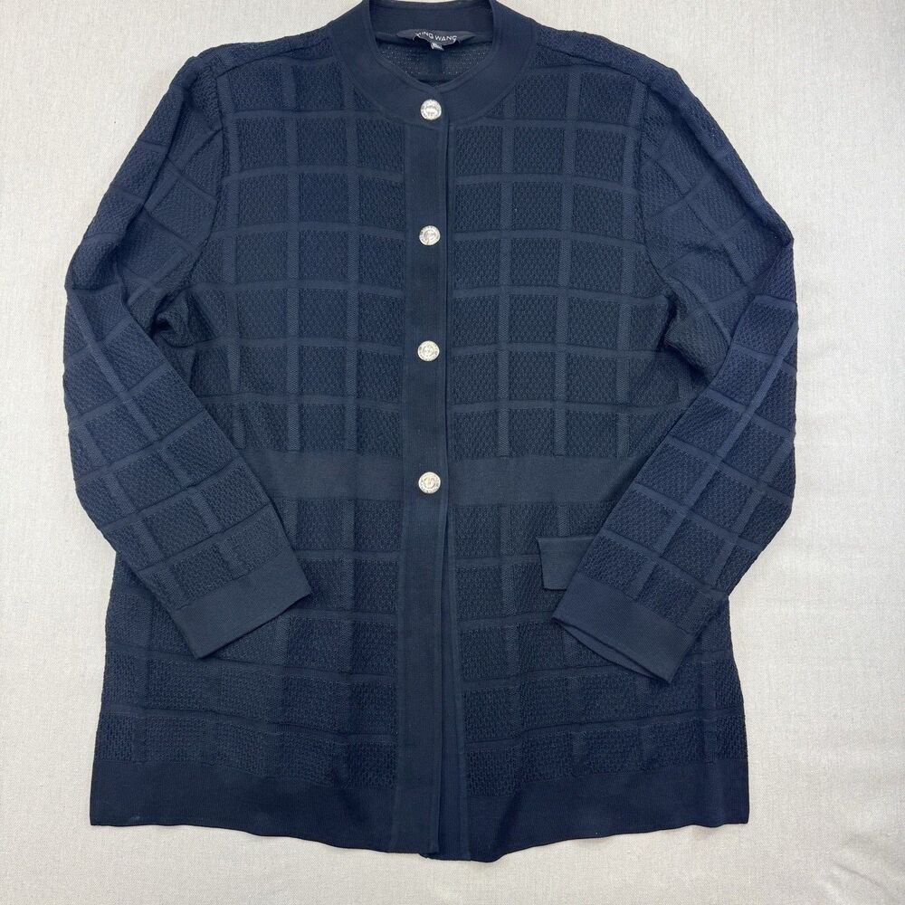Ming Wang Black Windowpane Knit Jacket Blazer Gold Logo Snap Wrinkle Size XL